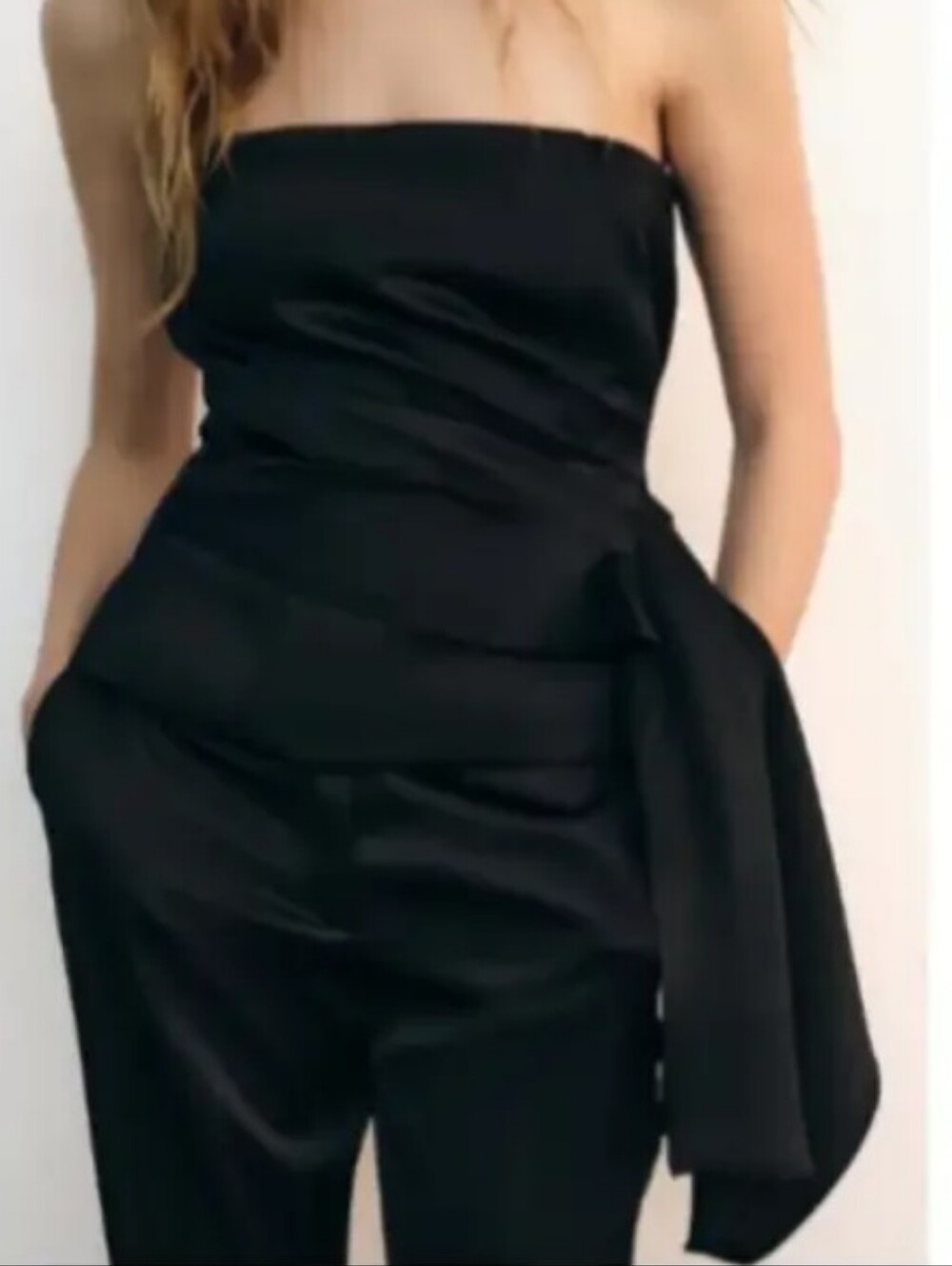 Zara black satin effect draped strapless top with side sash